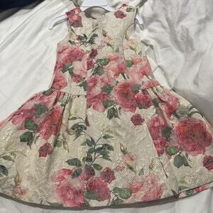 Iris & Ivy cream floral drop wast sleeves dress back bows lined worn once euc